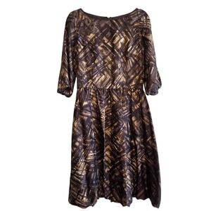 Toast UK 100% Silk Brown and Gold Patterned Abstract Midi Bubble Dress US Sz 8
